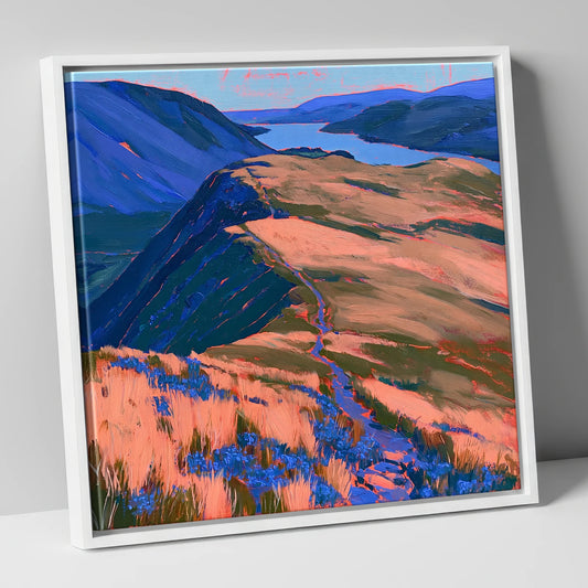 Beda Fell Ridge in Coral Light lake district village canvas wall art in white frame