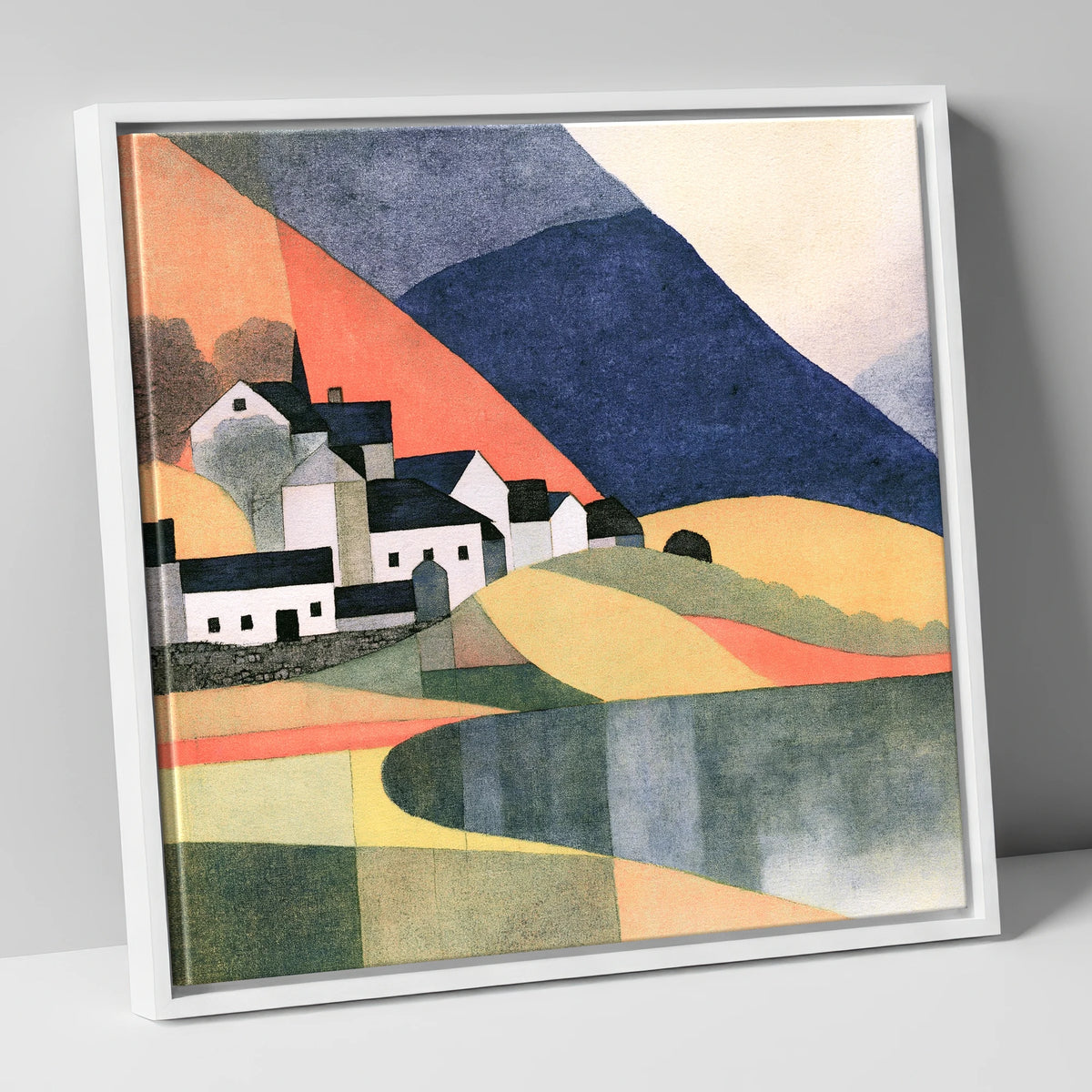 Lakeside Village and Indigo Fells lake district village canvas wall art in white frame