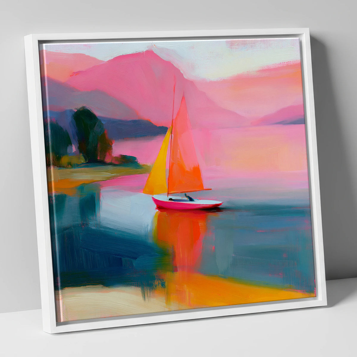 Vibrant Sailboat Beneath Pink Fells lake district walking canvas wall art in white frame