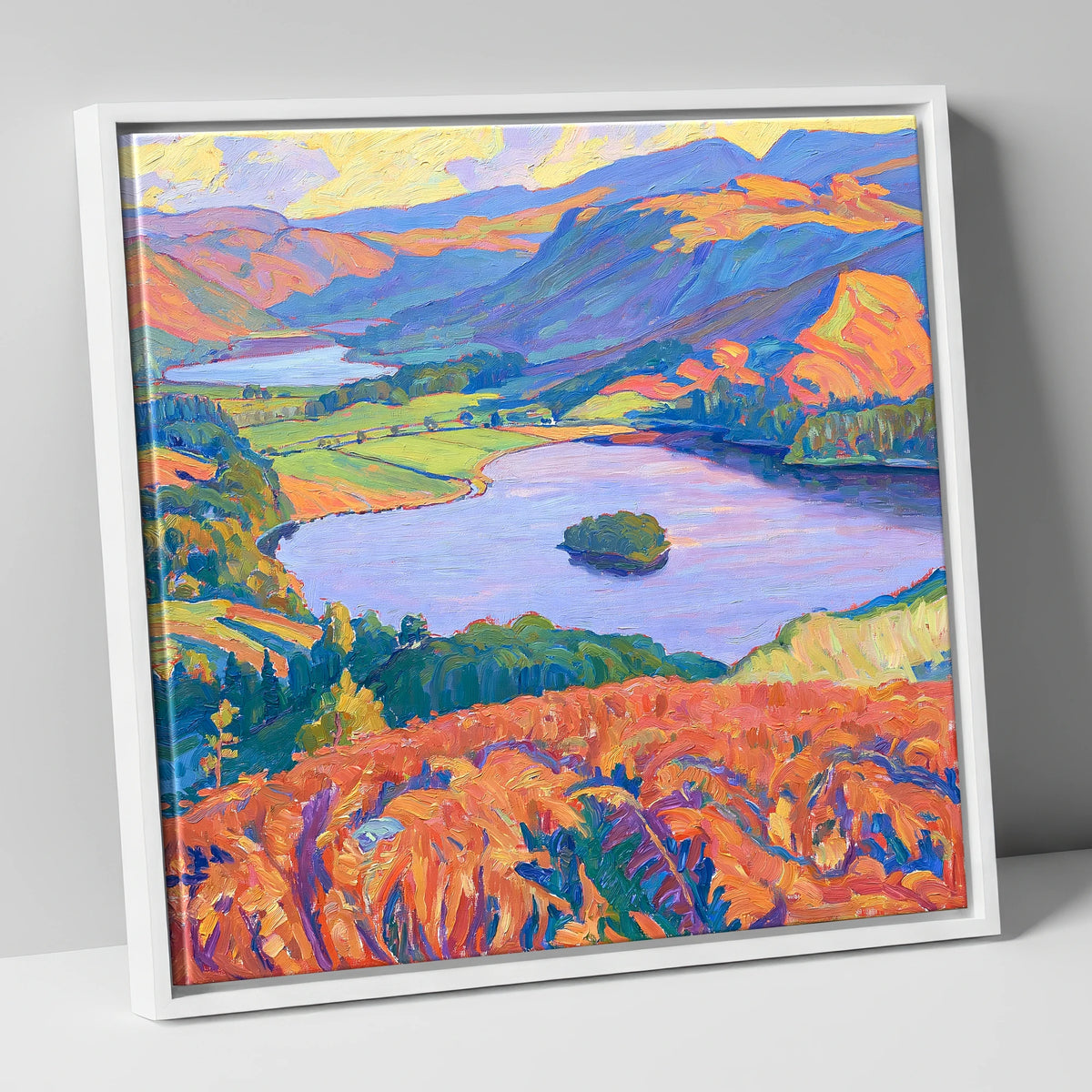 Vibrant Bracken Over Grasmere lake district lake canvas wall art in white frame