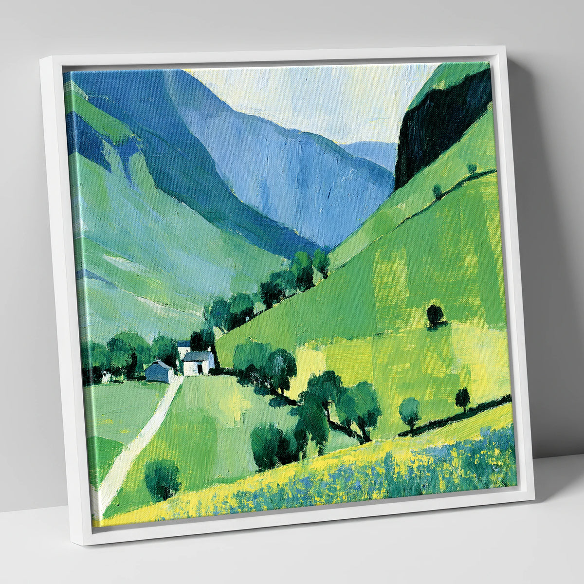 Vibrant Green Valley and Fells lake district valley canvas wall art in white frame
