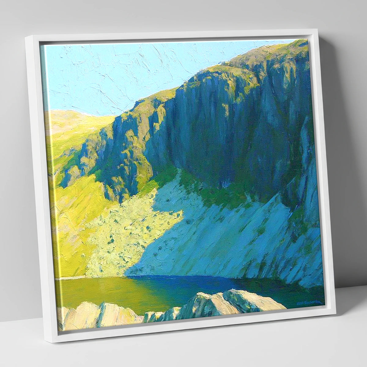 Vibrant Pavey Ark and Tarn lake district fell canvas wall art in white frame