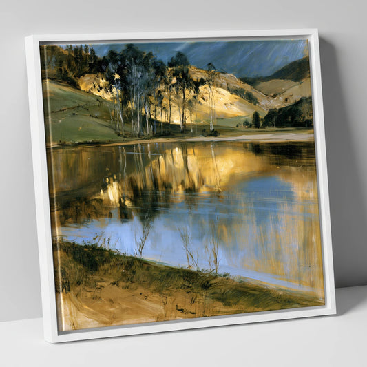 Golden Reflections on a Calm Lake lake district lake canvas wall art in white frame