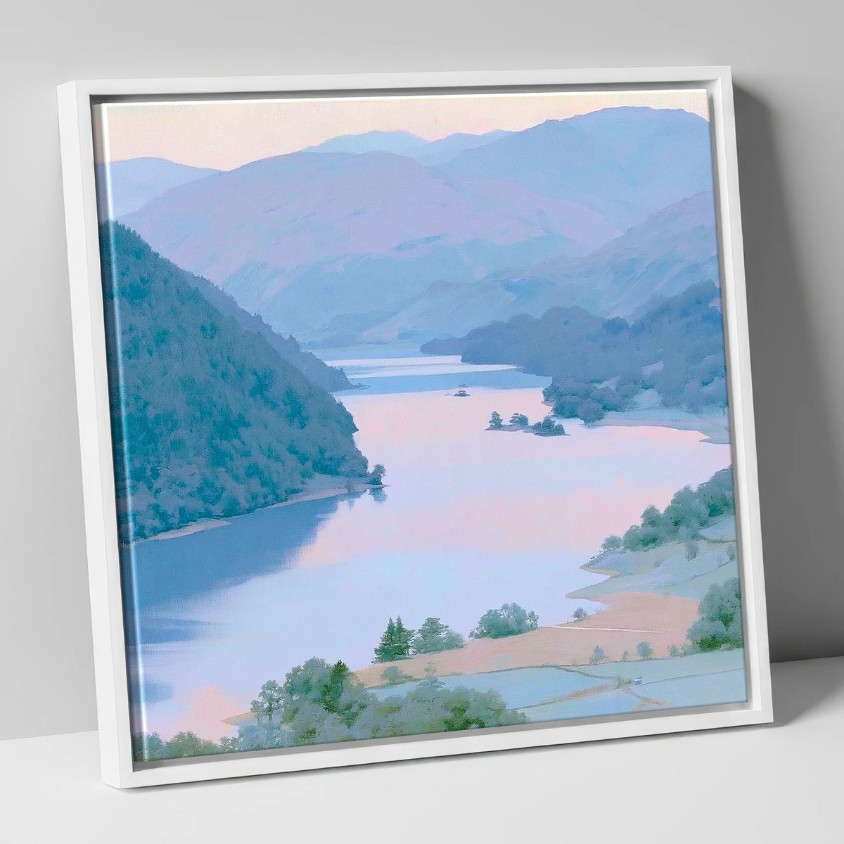 Winding Ullswater at Dawn lake district lake canvas wall art in white frame