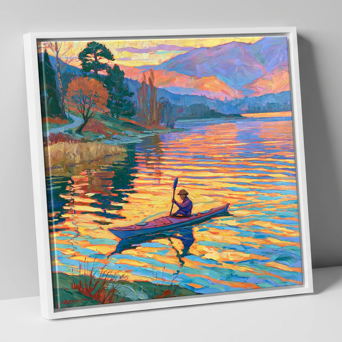 Sunset Kayaker on the Lake lake district walking canvas wall art in white frame