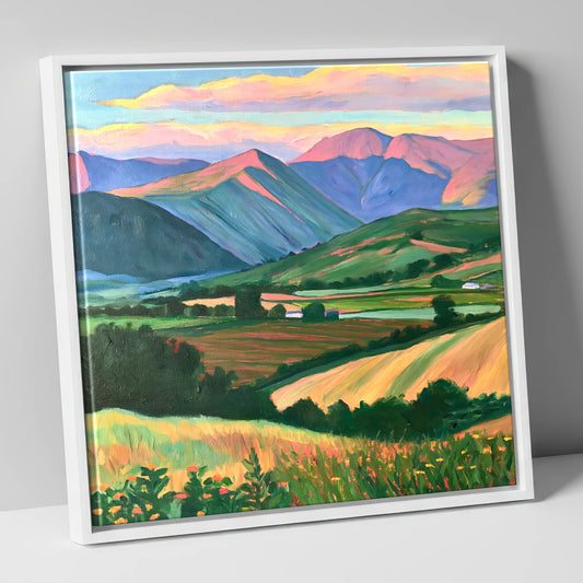 Vibrant Sunset Over the Valley lake district sky canvas wall art in white frame