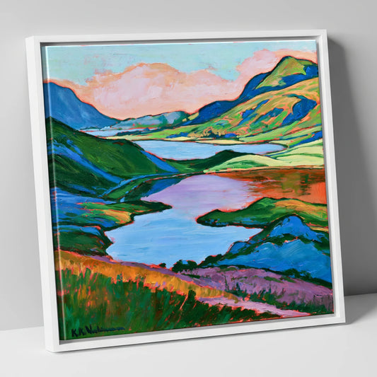 Colourful Fells Above the Lake lake district lake canvas wall art in white frame
