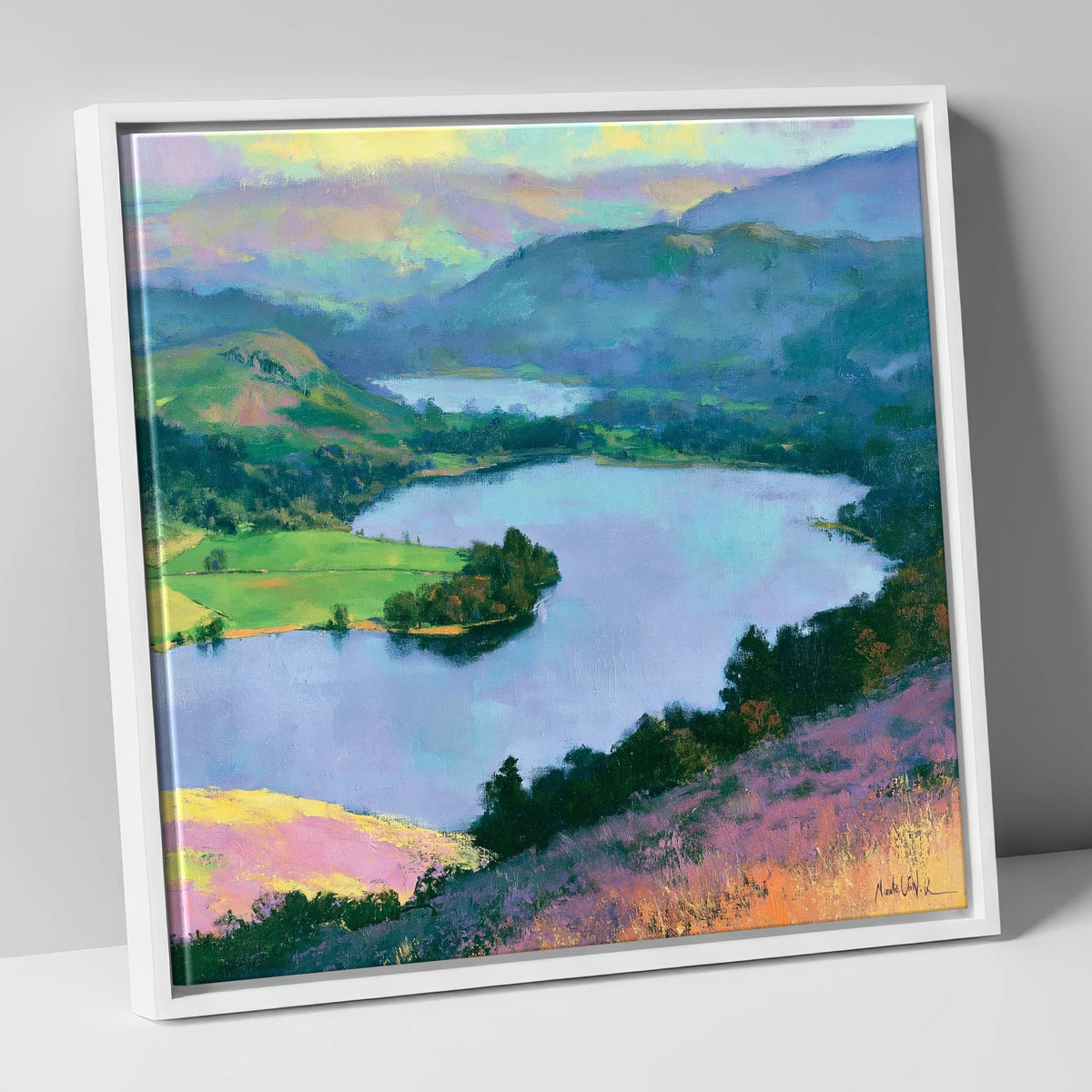 Grasmere Above Purple Bracken lake district lake canvas wall art in white frame