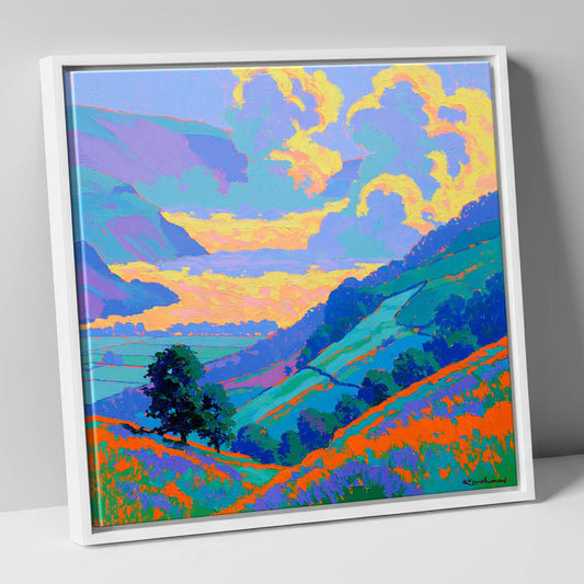 Vibrant Morning Valley Mist lake district sky canvas wall art in white frame