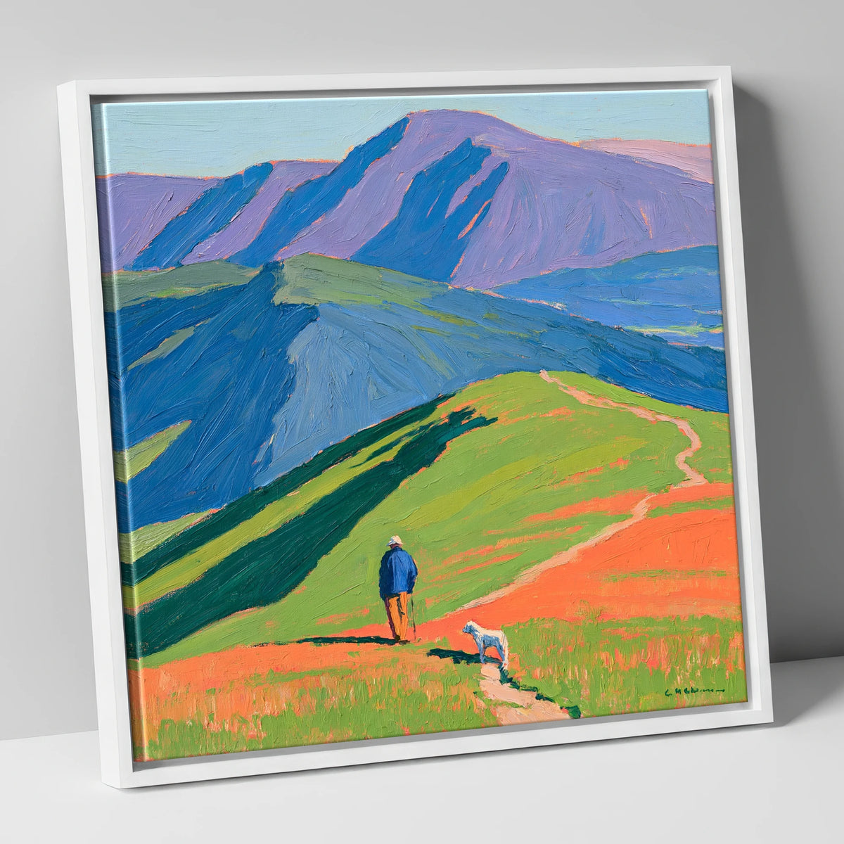 Vibrant Walker and Dog on Latrigg gifts for dog walkers canvas wall art in white frame