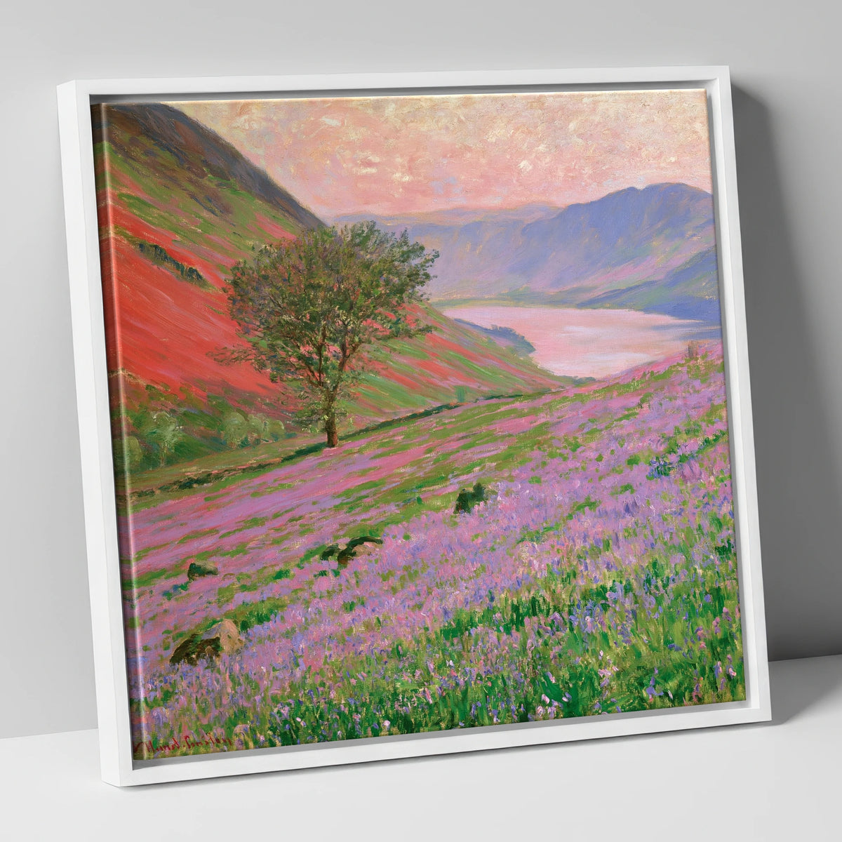 Lavender Fells Above Crummock Water lake district lake canvas wall art in white frame