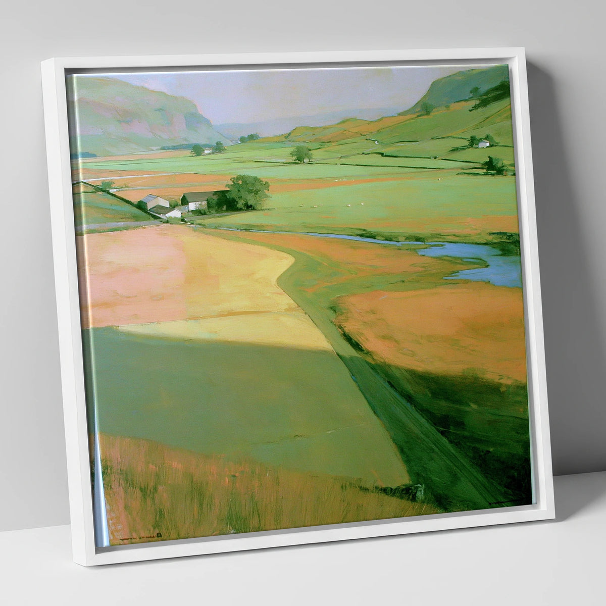 Green Valley Beneath The Fells lake district valley canvas wall art in white frame