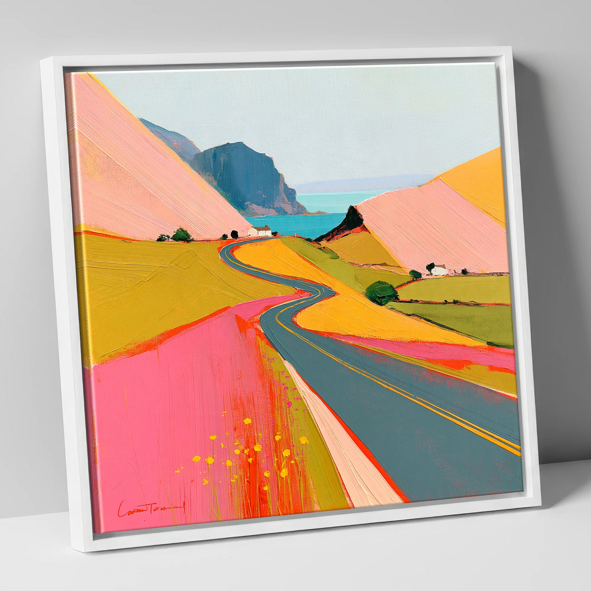 Bold Pink Mountain Pass lake district valley canvas wall art in white frame