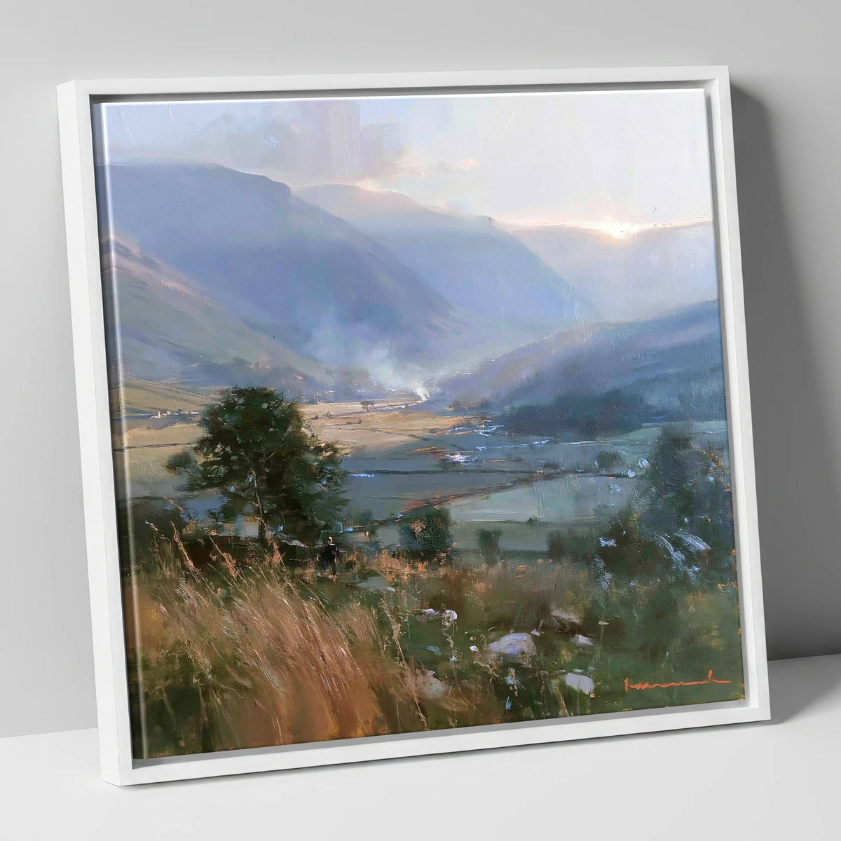 Hazy Sunlight Over Dale Fields lake district valley canvas wall art in white frame