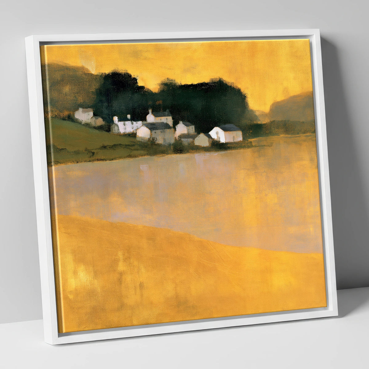 Lakeside Village in Golden Ochre lake district village canvas wall art in white frame