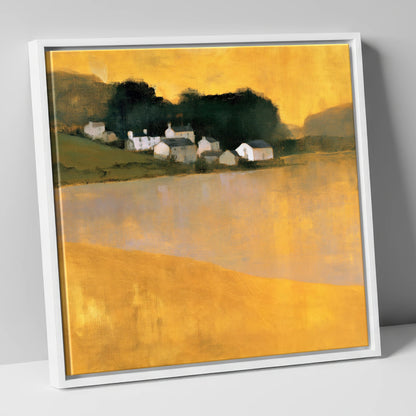 Lakeside Village in Golden Ochre lake district village canvas wall art in white frame