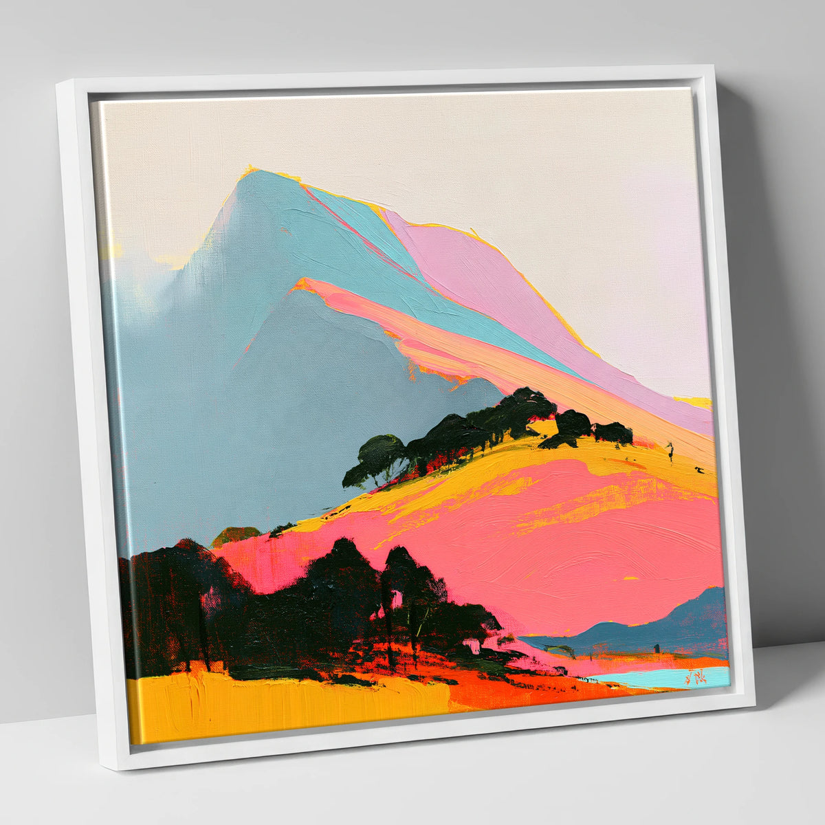 Vibrant Pink Mountain Ridge lake district fell canvas wall art in white frame