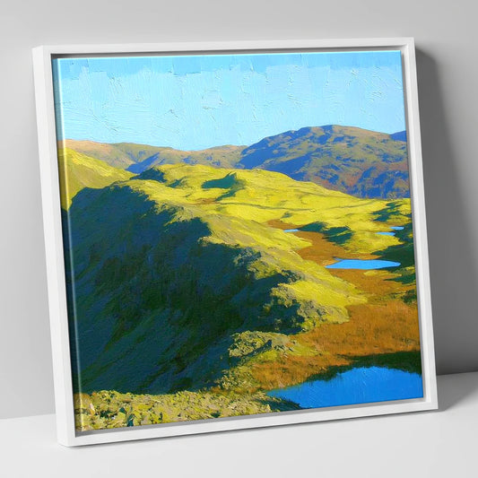 Vibrant Blea Rigg and Tarns lake district fell canvas wall art in white frame