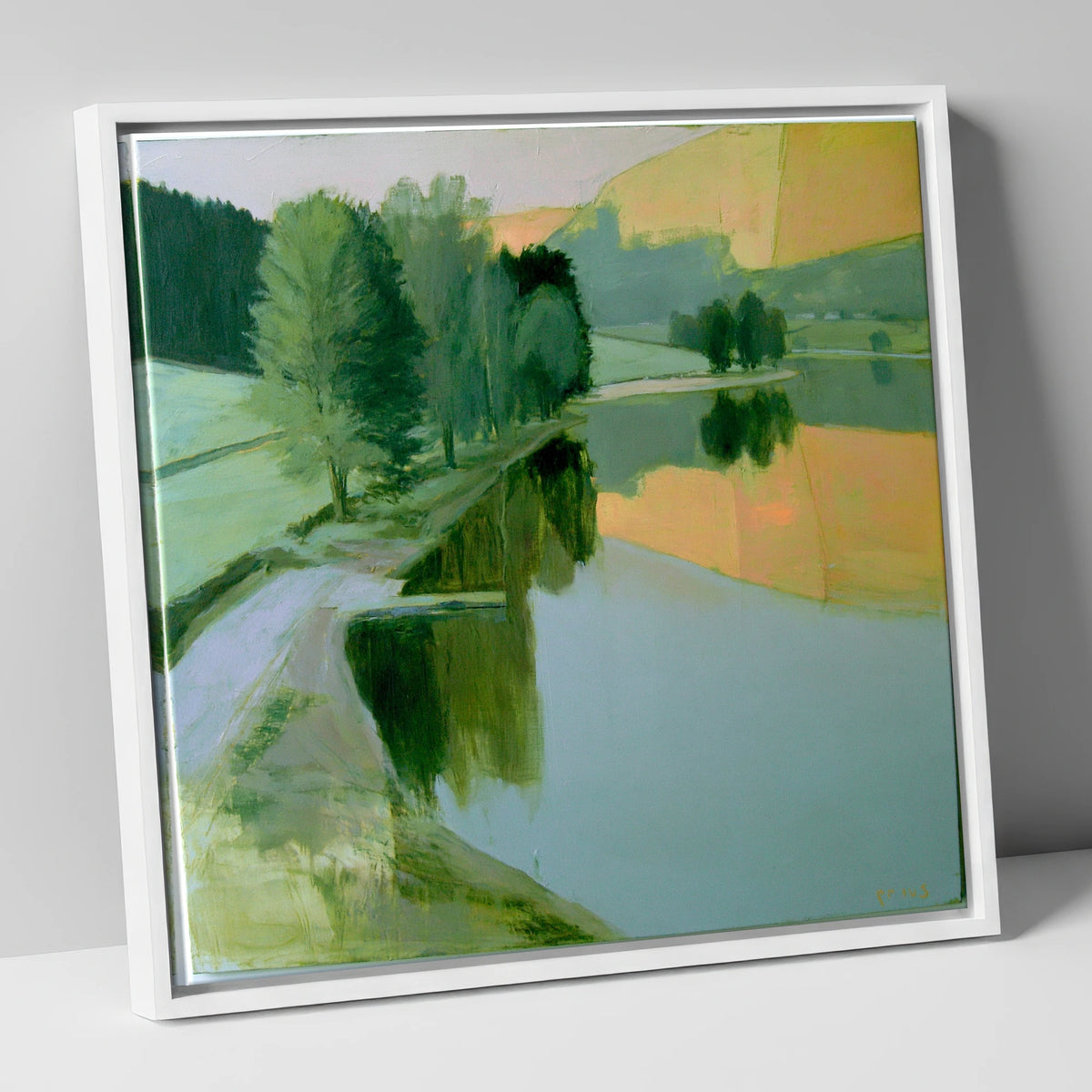Still Lake in Apricot Dawn lake district lake canvas wall art in white frame