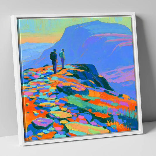 Colourful Fell Top Hikers lake district fell canvas wall art in white frame