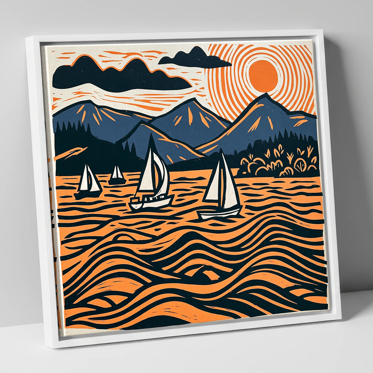 Derwentwater Sailboats Under Radiating Sun lake district lake canvas wall art in white frame