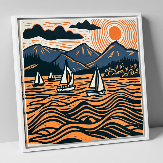 Derwentwater Sailboats Under Radiating Sun lake district lake canvas wall art in white frame