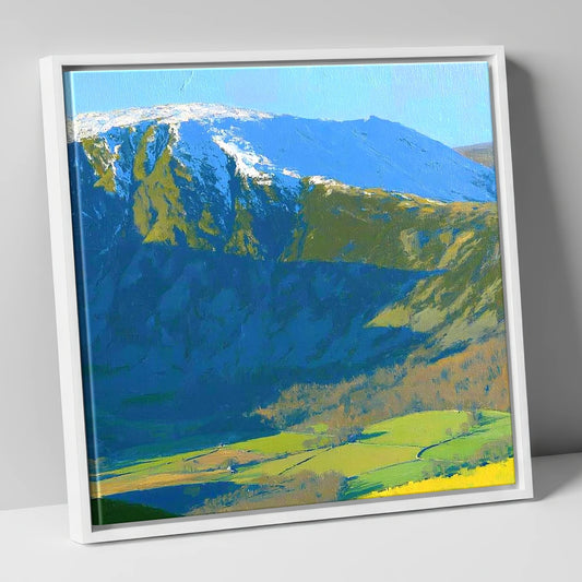 Bleaberry Fell Snowy Crags lake district fell canvas wall art in white frame