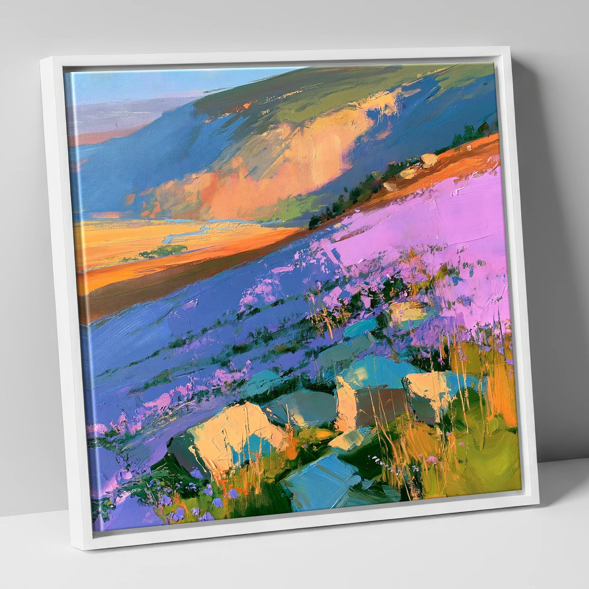 Vibrant Purple Heather Fellside flowers & fellsides canvas wall art in white frame