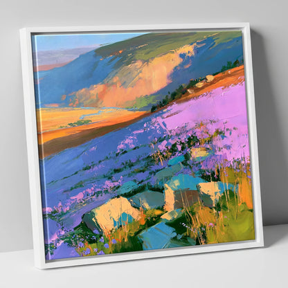 Vibrant Purple Heather Fellside flowers & fellsides canvas wall art in white frame