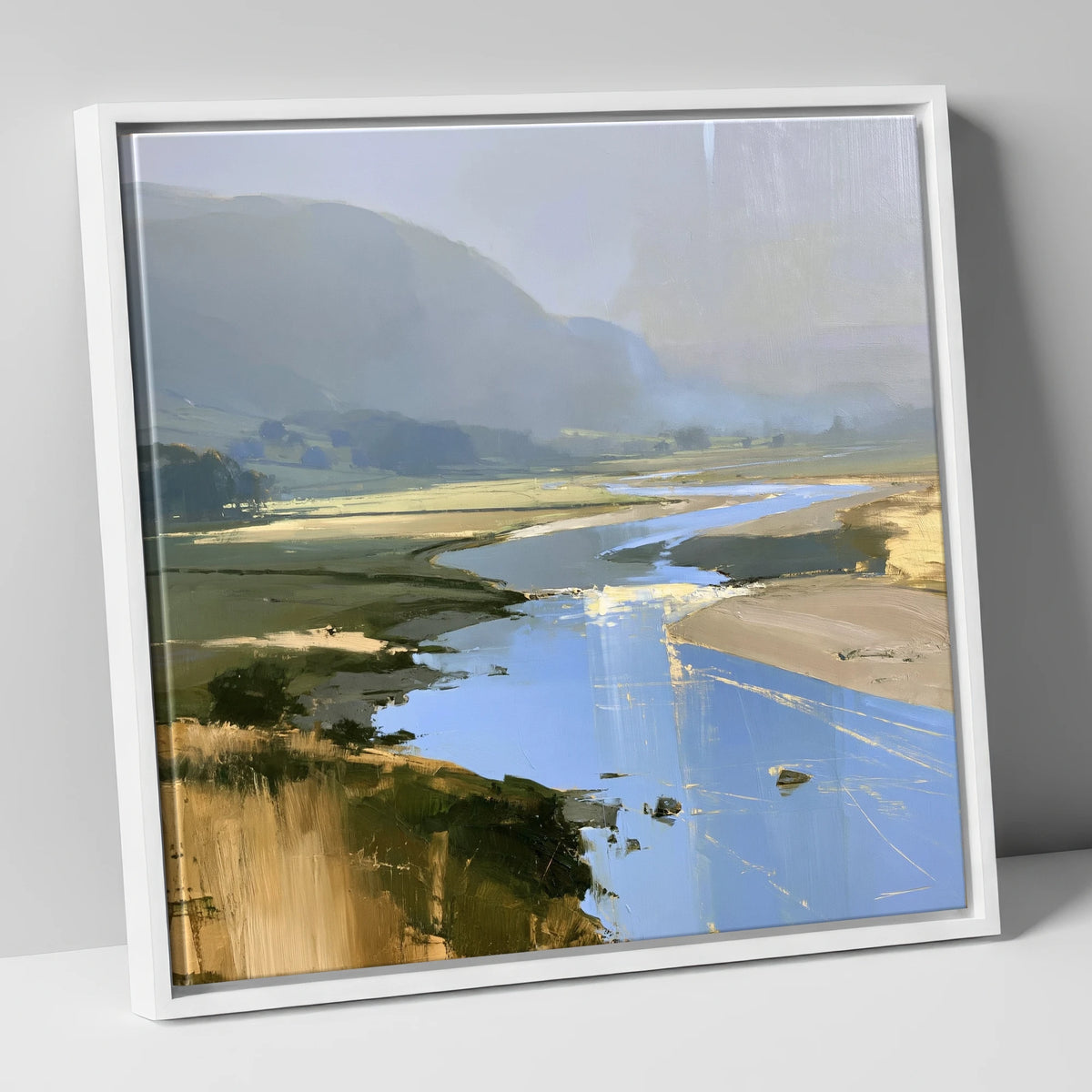 Winding River and Hazy Fells lake district waterfall canvas wall art in white frame