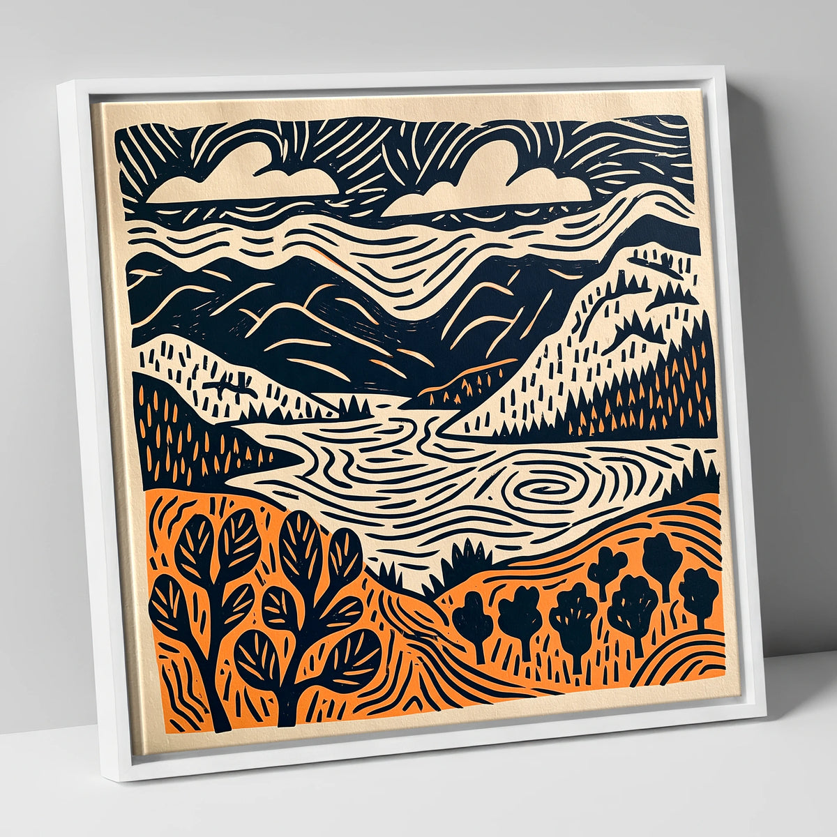 Winding Lake and Terracotta Fells lake district lake canvas wall art in white frame