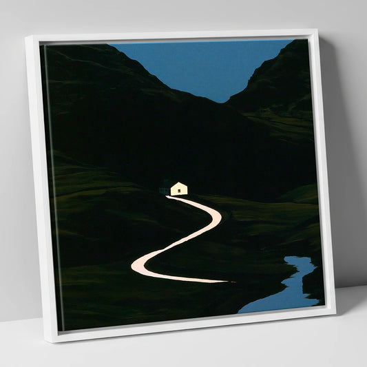Glowing Winding Mountain Pass lake district valley canvas wall art in white frame