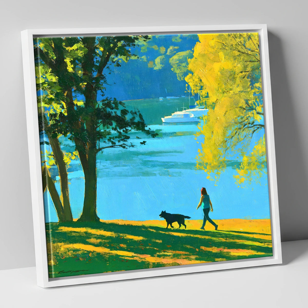 Vibrant Dog Walk at Windermere gifts for dog walkers canvas wall art in white frame