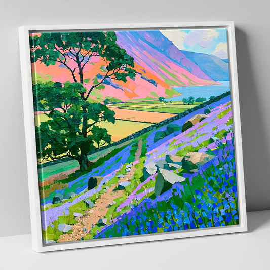 Pink Fells Over Rannerdale Bluebells lake district lake canvas wall art in white frame