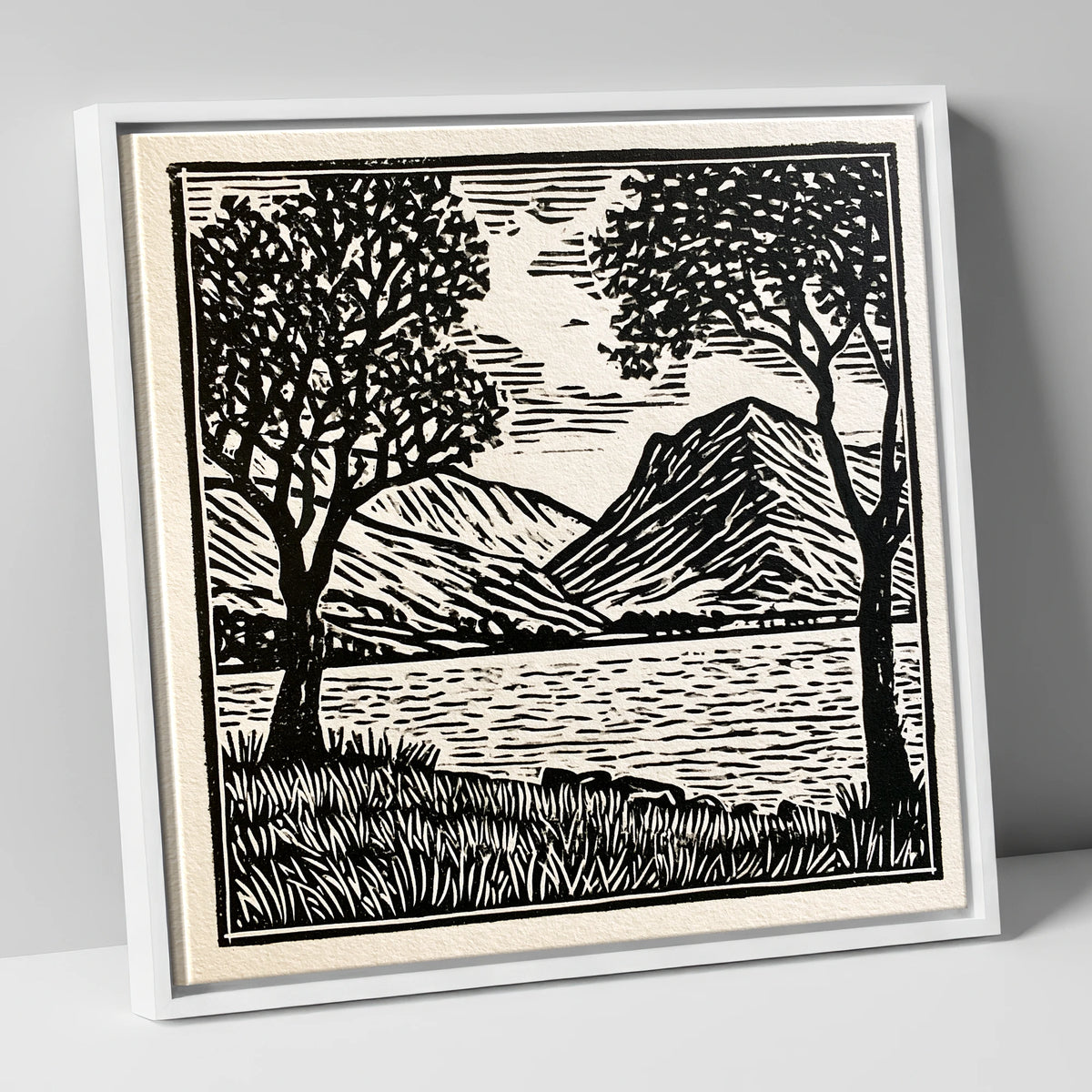 Monochrome Crummock Water Fells lake district lake canvas wall art in white frame