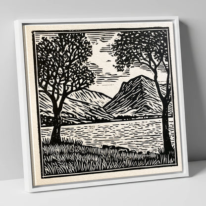 Monochrome Crummock Water Fells lake district lake canvas wall art in white frame