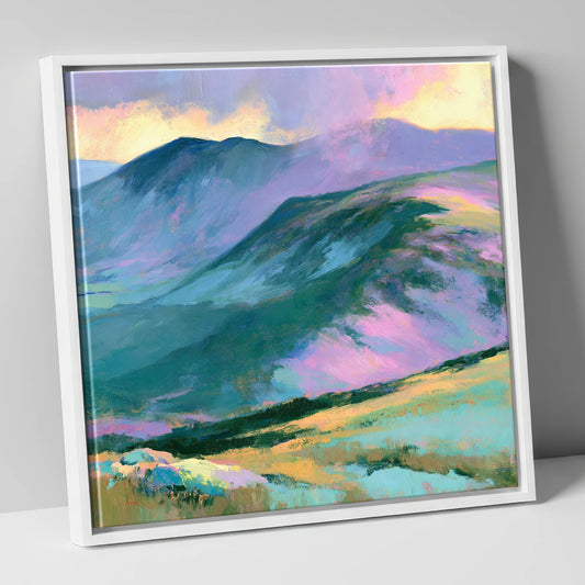 Mountain Summit in Pastel Light lake district fell canvas wall art in white frame