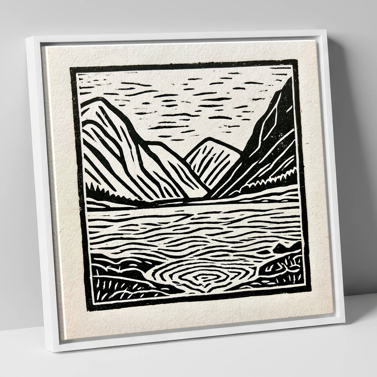 Graphic Ennerdale Water and Fells lake district valley canvas wall art in white frame