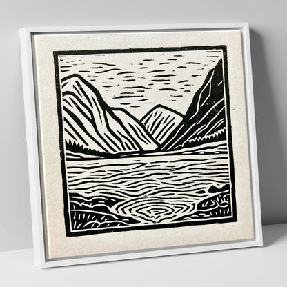 Graphic Ennerdale Water and Fells lake district valley canvas wall art in white frame