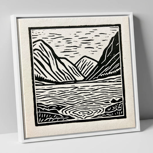 Graphic Ennerdale Water and Fells lake district valley canvas wall art in white frame