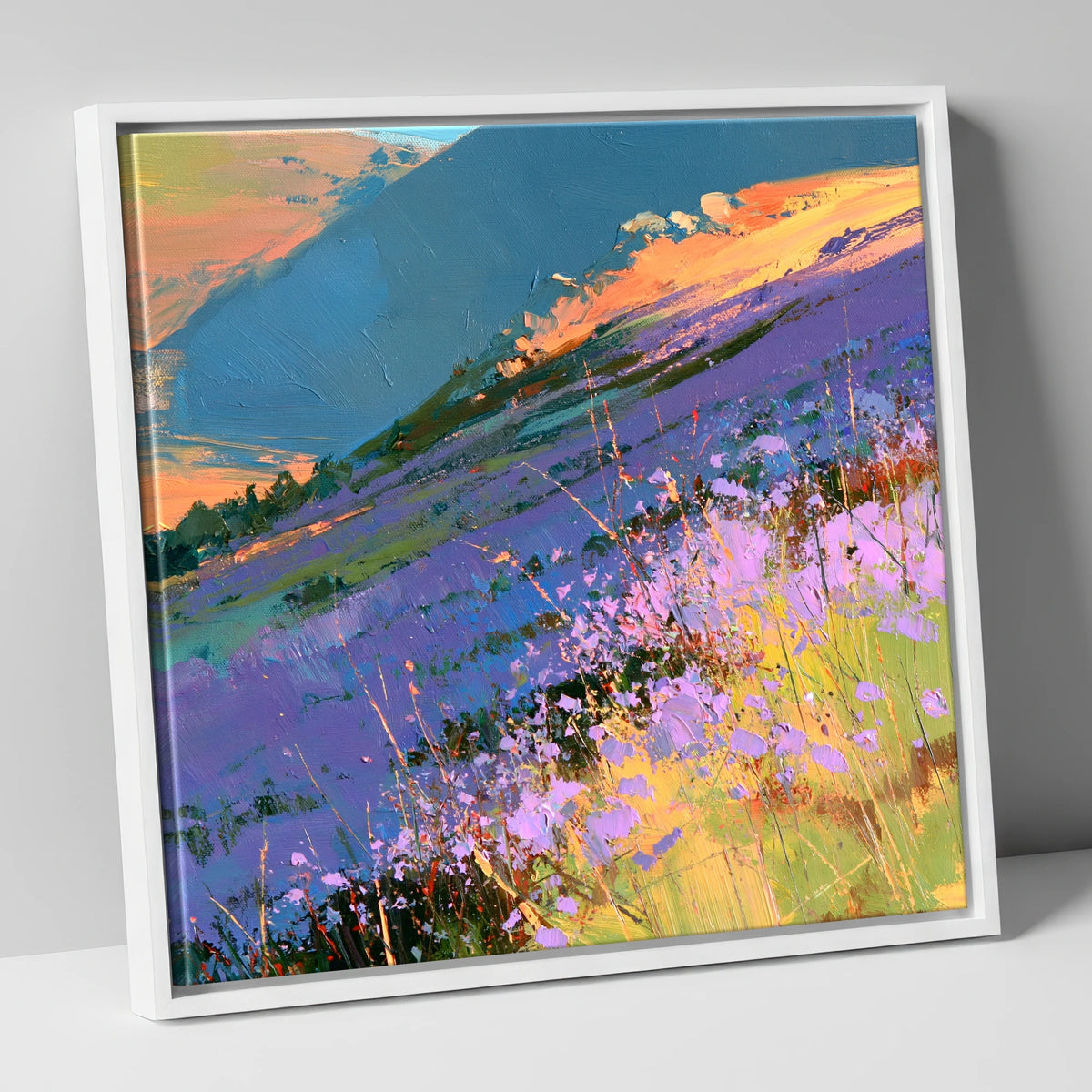 Radiant Heather Fellside at Sunset flowers & fellsides canvas wall art in white frame
