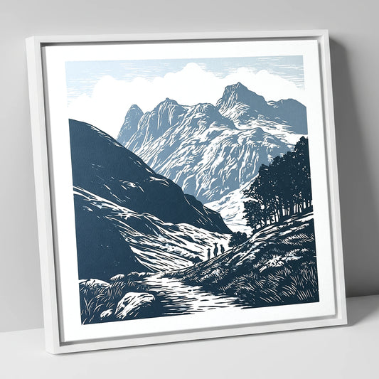 Langdale Pikes in Slate Blue lake district fell canvas wall art in white frame
