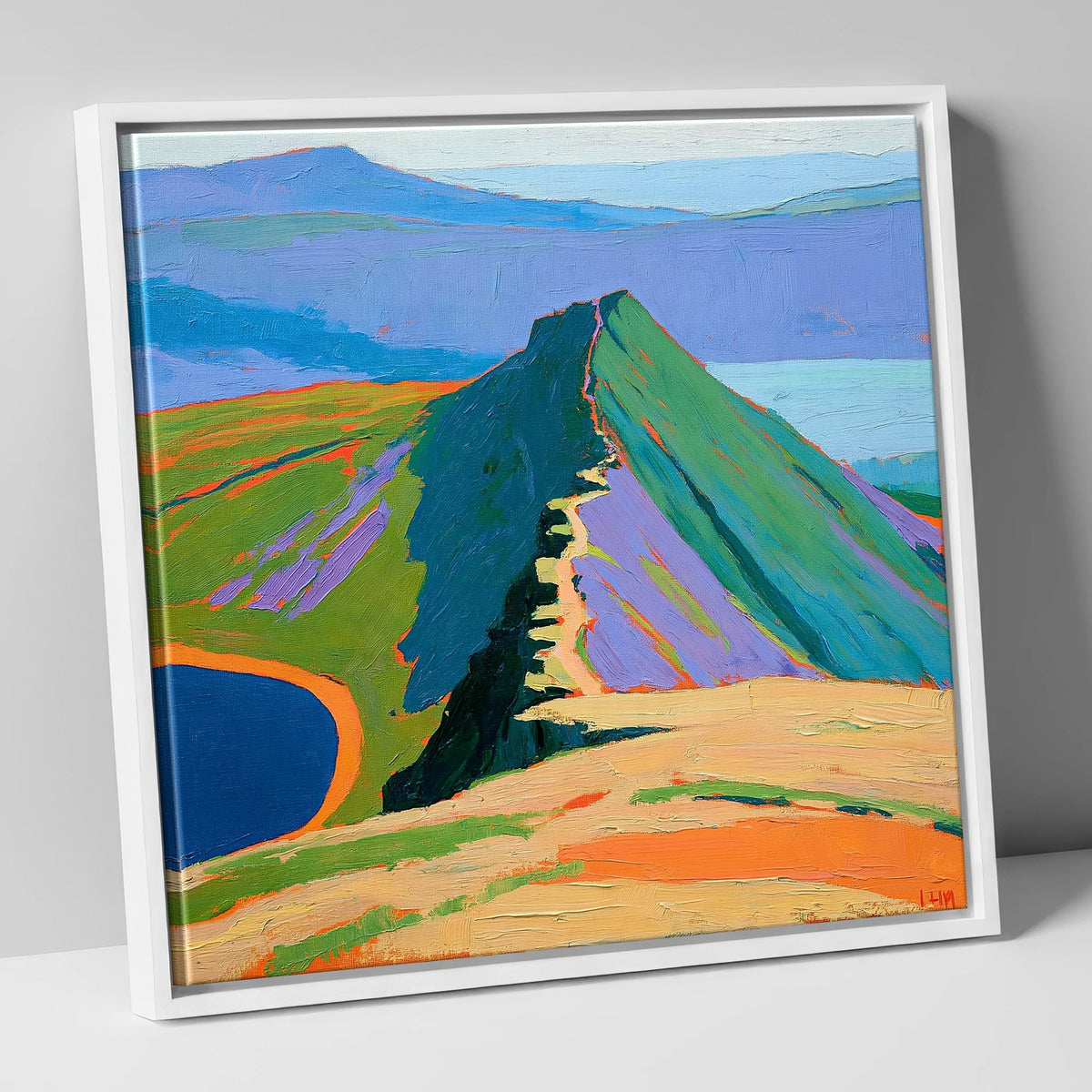 Bold Striding Edge Helvellyn Ridge lake district walking canvas wall art in white frame