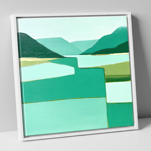 Abstract Teal Lake And Fells lake district lake canvas wall art in white frame