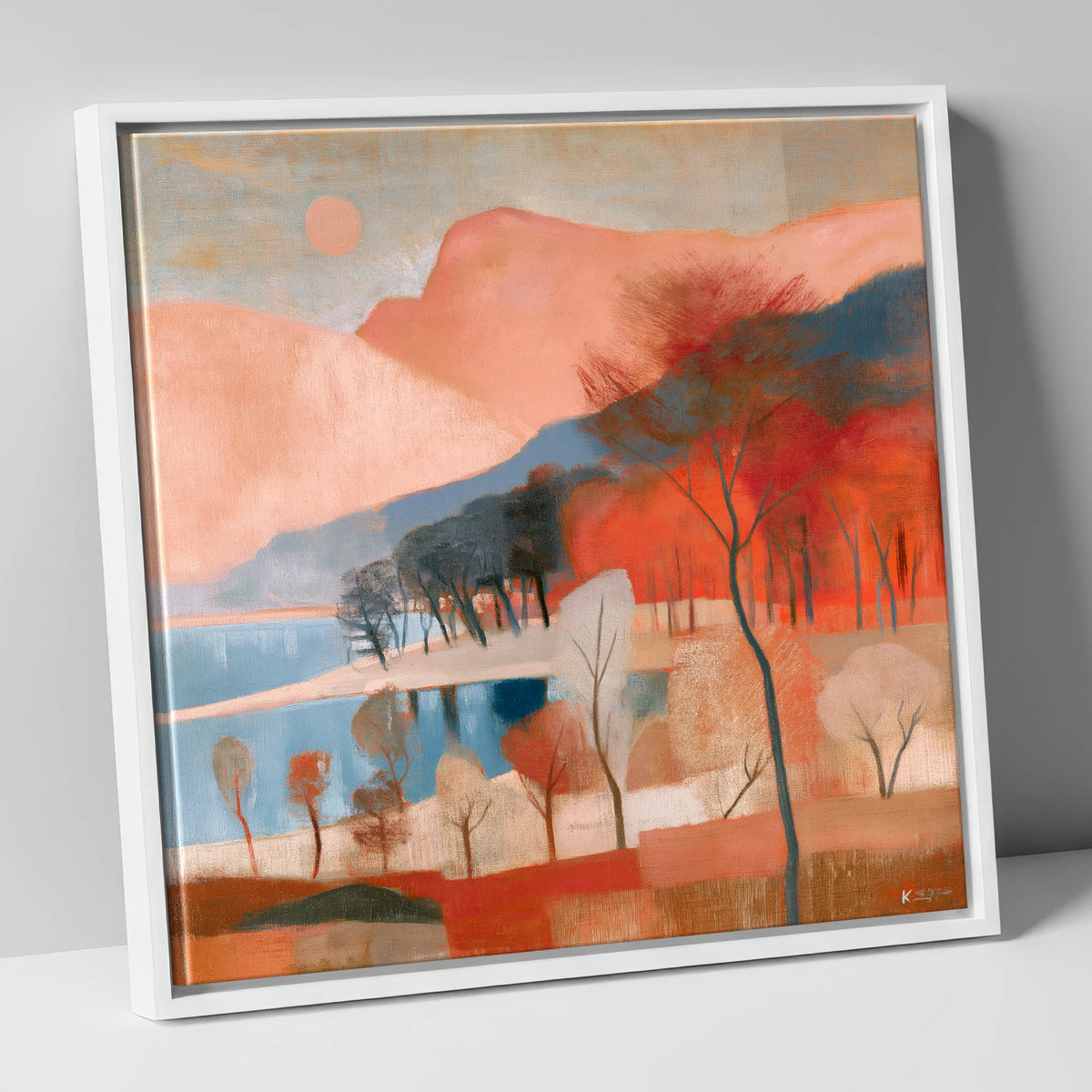 Terracotta Fells and Slate Lake lake district lake canvas wall art in white frame