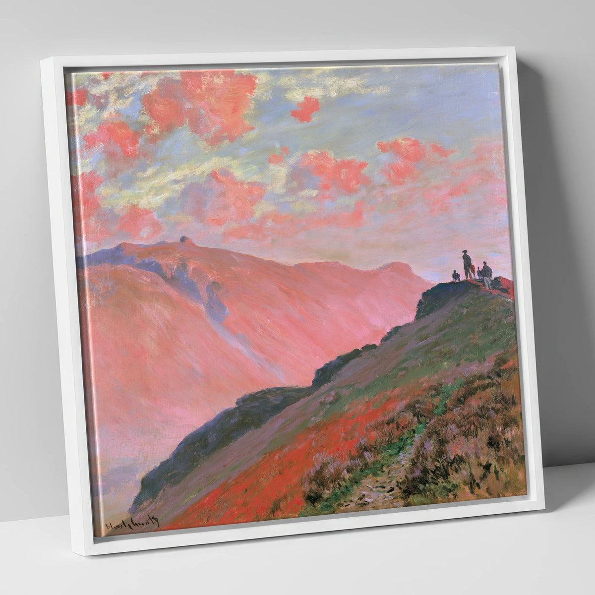 Hikers on a Pink Sunset Fell lake district fell canvas wall art in white frame