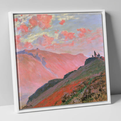 Hikers on a Pink Sunset Fell lake district fell canvas wall art in white frame