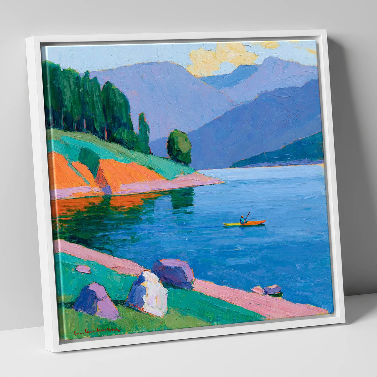 Vivid Kayaker on the Lake lake district walking canvas wall art in white frame