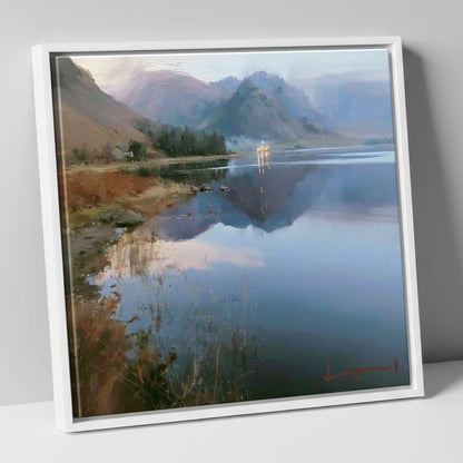Loweswater Lake in Misty Light lake district lake canvas wall art in white frame