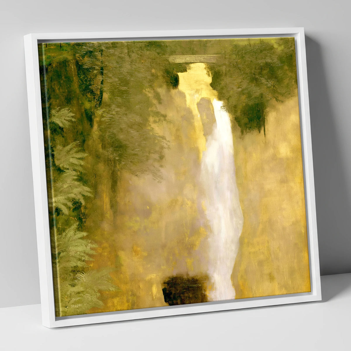 Golden Light at Aira Force lake district waterfall canvas wall art in white frame